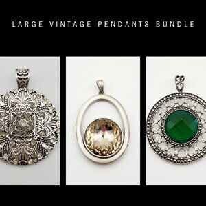 VTG Large Silver Medallion Pendants 3pcs Classic Ornate Design Faceted Stones